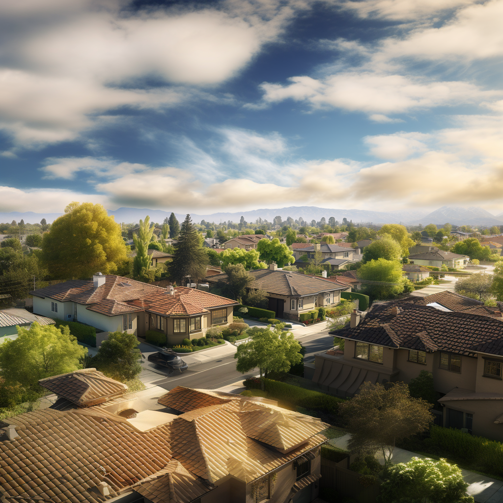 A view of houses in the almaden neighborhood with trees, streets, and a mountain backdrop.