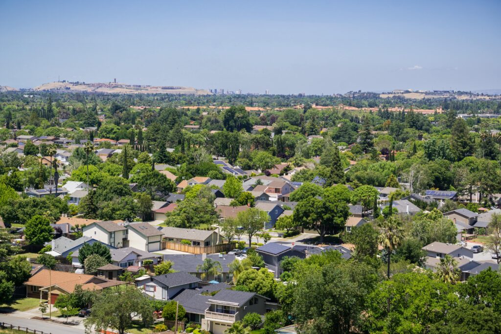 Cambrian park's residential houses and hillside tree lined streets and a beautiful skyline.