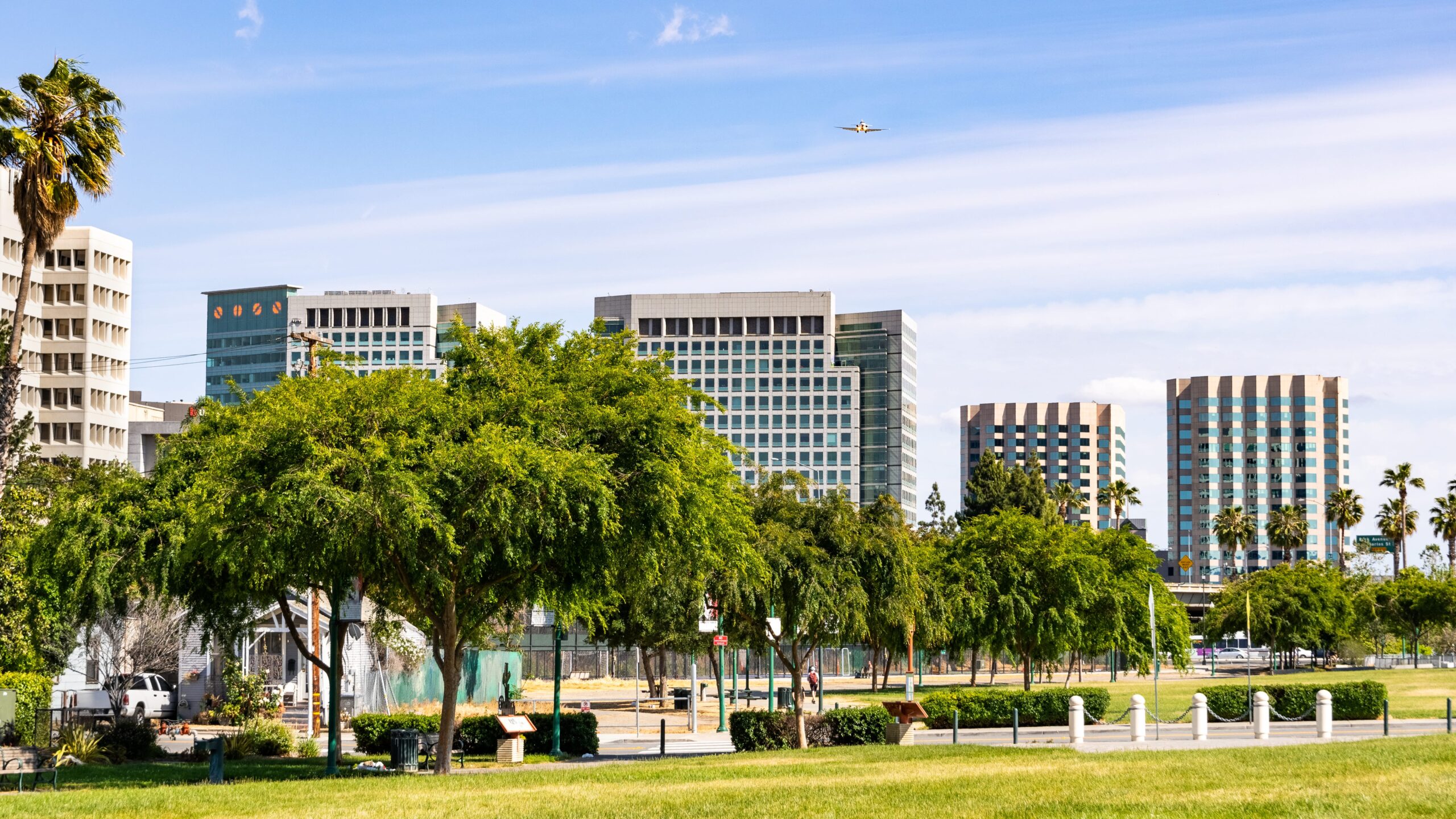 Park view of Downtown San Jose showcasing high-rise buildings through a lush public park.