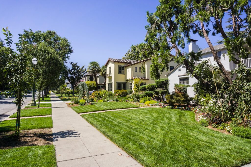 Neighborhood street in Mountain View with well-kept lawns and bright single family homes.